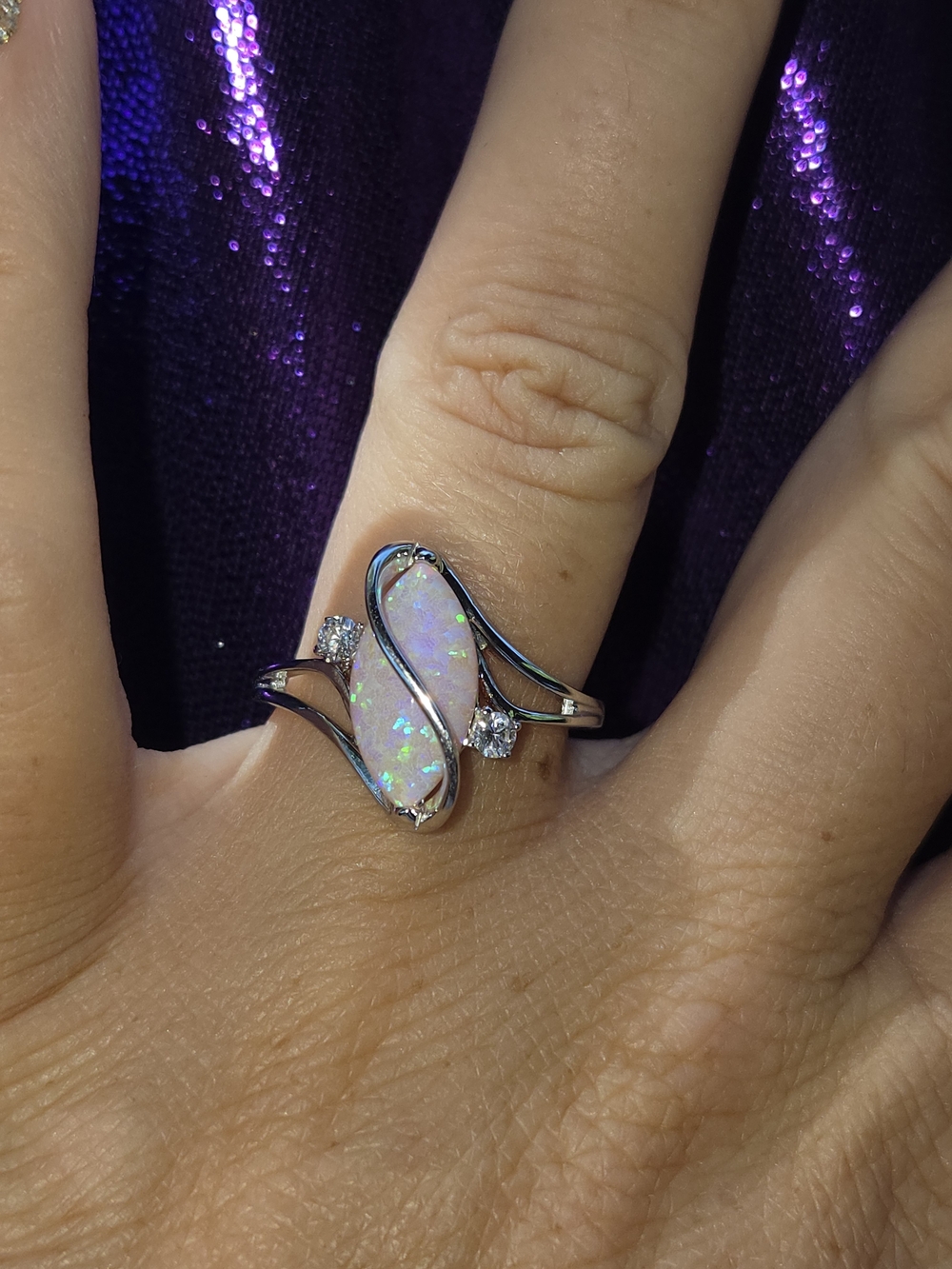 Sterling Silver Opal Wave Ring with White Opal and Accent Stones